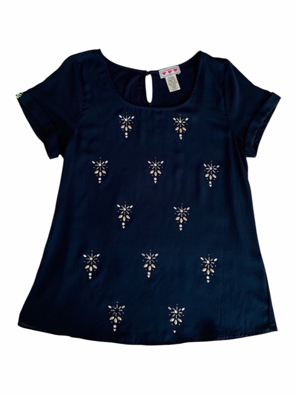 Trixxi Three Pink Hearts Blouse Women’s M Blue Rhinestones Short Sleeve Keyhole